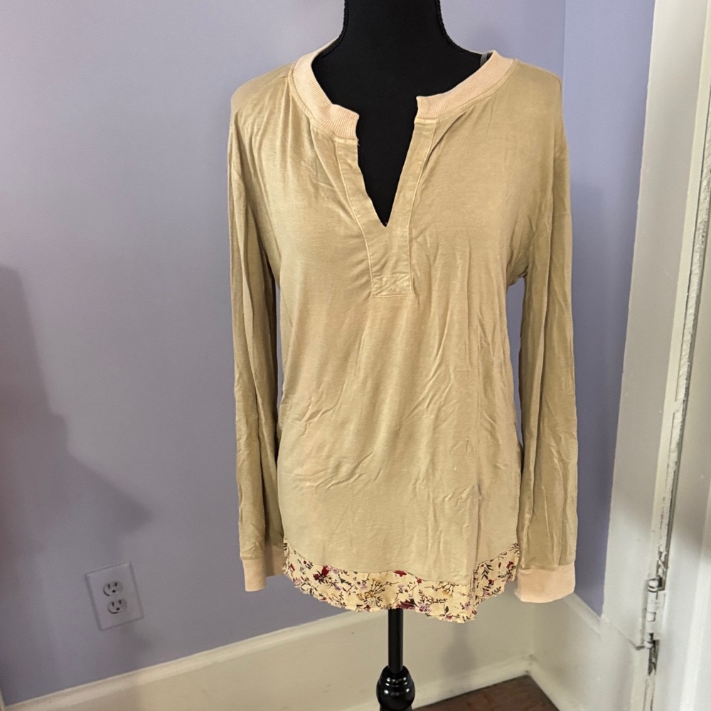 Kori Beige Long Sleeve Blouse with Floral Hem